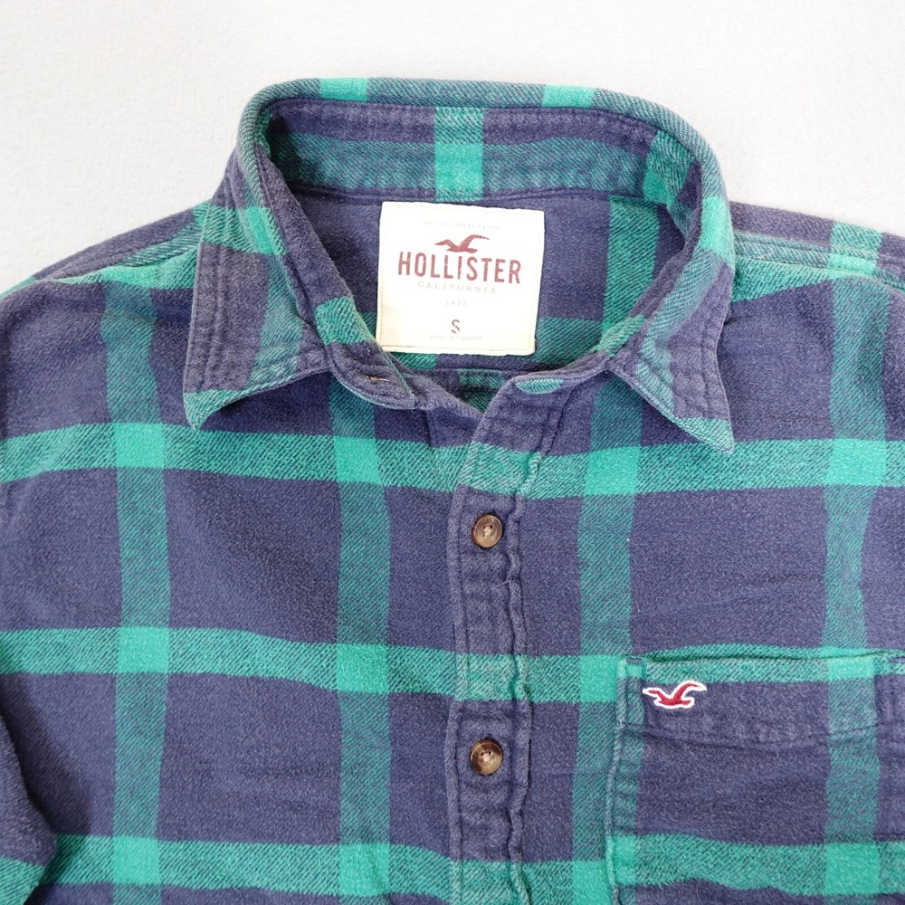 Hollister Flannel Shirt Mens Small Blue Green Plaid Long Sleeve Button Down - Picture 4 of 8